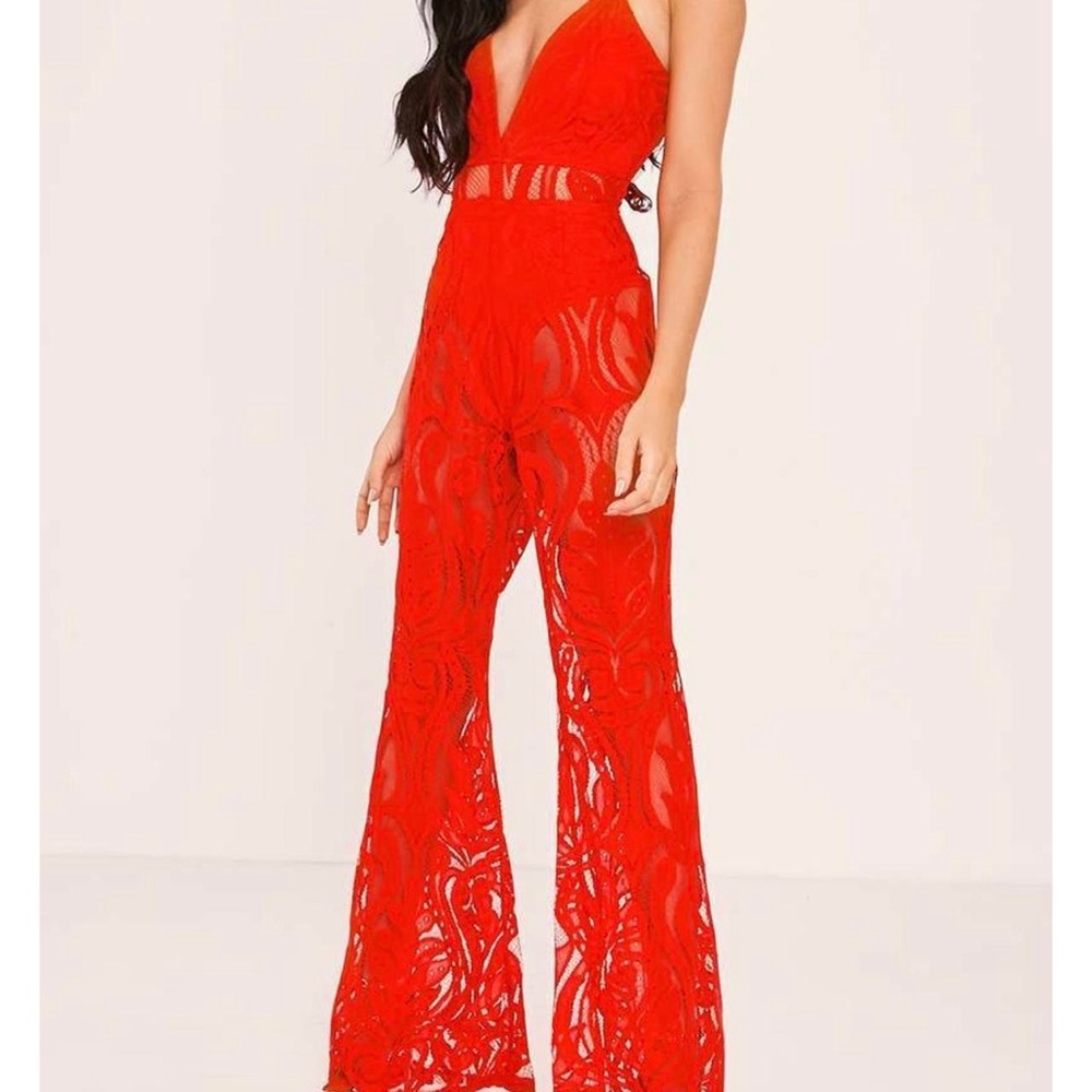 BNWT 15” PTP Sexy Lace Translucent Jumpsuit or Coverup, Red, Size Medium.